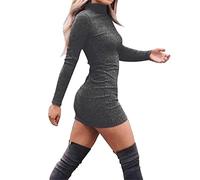 RMH Women's High Necked Dresses Long Sleeved Knit Bottom Solid Color Dress with Hip Wrap Slim Sexy Short Dresses Party Women's Dress (Gray, S)