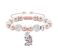 RMMD Regalos de unicornio para niñas - Pulsera con colgante de corazón con inicial rosa perlas y diamantes de imitación, regalo de cumpleaños, regalo de escolarización para niñas, hija, niños, joyas