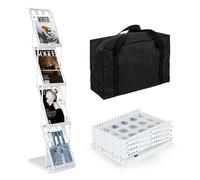 RMNKTHC Soporte plegable para catálogo de 4 niveles con bolsa de almacenamiento Oxford, compatible con A4, estante de hierro para folletos/folletos/revistas (blanco)