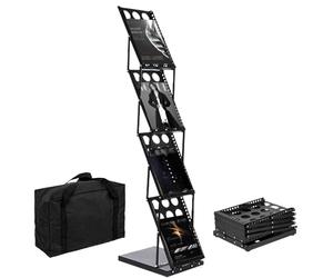 RMNKTHC Soporte plegable para catálogo de 4 niveles con bolsa de almacenamiento Oxford, compatible con A4, estante de hierro para folletos/folletos/revistas (negro)