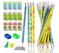 RNHDLY Juego de lápices para niños, 24 lápices de dinosaurios HB, 12 gomas de borrar de dinosaurios y 2 sacapuntas, lápiz triangular con goma de borrar para escuela, oficina, escritura, bocetos