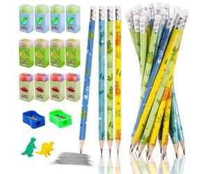 RNHDLY Juego de lápices para niños, 24 lápices de dinosaurios HB, 12 gomas de borrar de dinosaurios y 2 sacapuntas, lápiz triangular con goma de borrar para escuela, oficina, escritura, bocetos