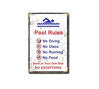 RNIIOPX Letrero de estaño de metal para piscina con texto en inglés "No Diving No Running No Food No Glass Swim at Your Own Risk Pool Sign Coffee and Bar Wall Art Decor Iron Painting 8x12 inch-tin