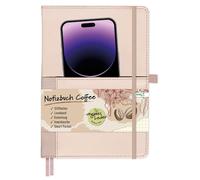 RNKVERLAG Cuaderno Coffee de piel vegana con bolsillo inteligente en la parte delantera, goma elástica, marcapáginas, soporte para bolígrafo y bolsillo interior, diseño a cuadros, DIN A5, 96 hojas, 1