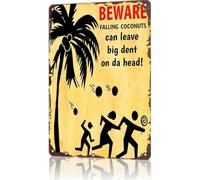 RNUMLIGH Beware Falling Coconuts Funny Aluminum Metal Sign Tropical Beach House Bar Cafe Wall Decor Plaque 8 X 12 in