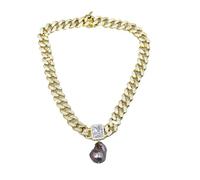 RNUMLIGH Chapado en oro amarillo Vintage Clear Charm Cadena cubana Gargantilla Collar Negro Keshi Perla Colgante Señora Regalos