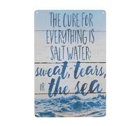 RNUMLIGH Coastal Decor Metal Tin Sign Beach Quote Salt Water Sweat Tears or The Sea Wall-Art for Bathroom Living Room Office 8 X 12 in