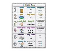 RNUMLIGH English Phonics Syllables Poster - 6 Types of Chart for Classroom, Homeschool, Reading Education(Unframed,08x12inch(20x30cm))