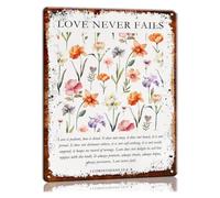 RNUMLIGH Faith Based Metal Sign 1 Corinthians 13 4-8 Love Never Fails Encouraging Words Botanical Wildflower Background Retro Tin Plaque for Bathroom Laundry 8 X 12 inch