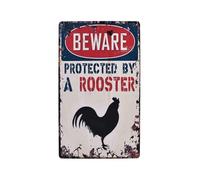 RNUMLIGH Funny Rooster Warning Metal Tin Sign Beware Protected By A Vintage Farmhouse Decor for Man Cave Bar Kitchen 8 X 12 inch