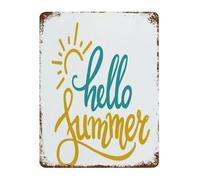 RNUMLIGH Hello Summer Metal Tin Sign Sun Quote Inspirational Wall Decor Plaque for Home Office Porch Seasonal Gift 8 X 12 in