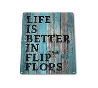RNUMLIGH Life Is Better In Flip Flops Metal Tin Sign Vintage Summer Beach Theme Wall Decor for Porch Laundry Room 8 X 12 inch