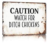 RNUMLIGH Novelty Farm Warning Sign Caution Watch For Ditch Chickens Vintage Aluminum Funny Decor for Garage Workshop Man Cave Wall 8 X 12 in