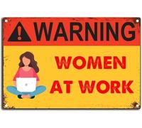 RNUMLIGH Novelty Women at Work Warning Sign Vintage Metal Tin Plate Retro Wall Decoration for Home Office Coffee Bar 8 X 12 in