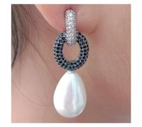 RNUMLIGH Pendientes de tuerca de perla de concha de mar blanca en forma de lágrima pavimentados de circonio cúbico estilo oficina for mujer