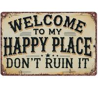 RNUMLIGH Rustic Welcome To My Happy Place Vintage Metal Tin Sign for Farmhouse Entryway Wall Decor 8 X 12 in