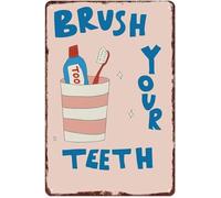 RNUMLIGH Tooth Brushing Command Wit Classic Metal Tin Sign For Shower Stall Sink Area Wall Decoration Fun Family Present 8 X 12 inch