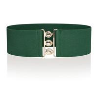 Ro Rox Cinturón Ancho Elástico Mujer Cintura Alta Estilo Retro Vintage - Cinturón Stretch para Vestidos, Años 50 - Hebilla Plateada u Dorada - Tallas 46-52 - Verde oscuro y dorado, S