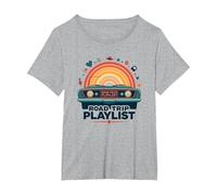 Road Trip Lista de reproducción Coche Retro Puesta del Sol Avent Camiseta, Mujer Tallas Grandes, Gris Jaspeado, 3XL Grande