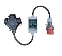RoadEu - Adaptador de Corriente CEE 16A y 380V a 220V con 3X Schuko 220V. Viene con una Caja de fusibles e Incluye 3X disyuntores C16A. Cable de extensión 1m