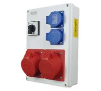 RoadEu - Caja de Distribución Eléctrica 16A con interruptor principal 0-1. 2 enchufes CEE 16A con Schuko de 230V. Cuadro electrico superficie IP44. Tomas múltiples industriales para obras