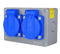 RoadEu Caja de Distribución IP44 de Superficie | 2 Tomas Schuko 230V/16A | Base Múltiple Pre-cableada con Prensaestopas PG13,5 | Cuadro de Obra para Taller, Garaje y Exteriores
