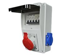 RoadEu - Cuadro eléctrico 32A con enchufe 5P y 2x Schuko 230V, distribuidor IP44 precableado