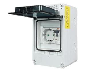 RoadEu | Cuadro Eléctrico de Distribución IP65 con Interruptor Diferencial y Disyuntor 16A | Caja de Pared Precableada con 1x Toma Schuko 230V | Resistente a Agua y Polvo (IK08)