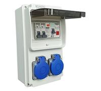 RoadEu - Distribuidor de corriente 230V, 2x enchufes Schuko, indicador luminoso LED rojo. Caja cuadro electrico con Interruptor diferencial 25A tipo A/AC, 2x LS C16A. IP44