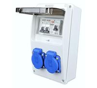 RoadEu - Distribuidor de corriente 230V con 2 enchufes Schuko, interruptor FI y disyuntor C16A, caja IP44