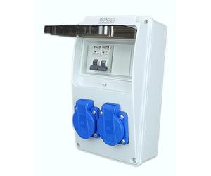 RoadEu - Distribuidor de corriente 230V con 2 enchufes Schuko y 2 disyuntores C16A, cuadro eléctrico mural IP54