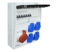 RoadEu - Distribuidor de corriente, Caja de Distribución Eléctrica. Toma de corriente 16A CEE con 4x Schuko 230V. Cuadro electrico superficie con disyuntor automático de 16A. Completo, premontado
