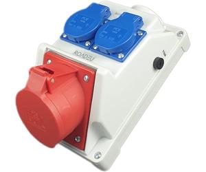 RoadEu - Enchufe de pared combinado de 32A 5P, distribuidor de corriente de 32A con 2 Schuko de 230V. Caja de distribución eléctrica con protección IP44. Ideal para talleres, cobertizos y fábricas.
