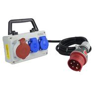 RoadEu - Portátil Adaptador Industrial CEE - 16A y 2x Schuko - Cable Alargador 1m. Distribuidor de energía portátil para uso en talleres, jardines, cobertizos u obras de construcción.