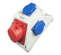 RoadEu - Toma de pared combinada - 16A 5P, 3 x enchufe Schuko 230V 16A, Distribuidor de Corriente Eléctrica, Caja cuadro electrico IP44. Ideal para taller, cobertizo o jardín