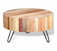 Roanoer Mesa de centro de madera envejecida maciza redonda, 70 x 38 cm | Mesa de salón fija hecha a mano de madera envejecida con estructura de hierro resistente en estilo vintage para dormitorio.