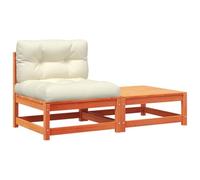 Roanoer Sofá de jardín sin reposabrazos de madera maciza de pino de 140 x 70 cm con cojín y taburete Oxford color crema moderno juego de muebles de balcón para pequeños balcones, terraza, jardín