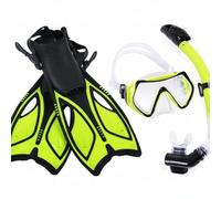 RoaQinFo Fins and Conjunto de Snorkel Máscara Aletas Tubo Seco Lente Reforzada Silicona Suave Sellado Hebillas Ajustables Transporte Ligero Adecuado para, Amarillo, L