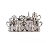 RoaQinFo Miniaturas de Cocina Juego de Té en Miniatura Set de Vajilla con Tetera Jarra Azucarero Bandeja con Bordes Tazas y Platillos de Metal Brillante, Plateado