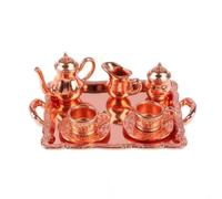 RoaQinFo Miniaturas de Cocina Juego de Té en Miniatura Set de Vajilla con Tetera Jarra Azucarero Bandeja con Bordes Tazas y Platillos de Metal Brillante, Rojo