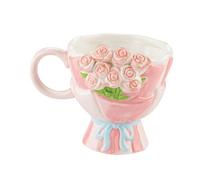 RoaQinFo Taza de Cerámica Floral Decorativa de Arte Original con Asa Ancha Apta para Microondas y Bebidas Calientes Adecuada para Amigos Familia Oficina Hogar, Rosa, tal como se describe