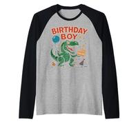 Roaring Birthday Boy Dinosaur Celebration Design Camiseta Manga Raglan