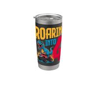 Roaring Into 4 Monster Truck Dinosaur Kids 4th Birthday Vaso térmico de acero inoxidable de doble pared