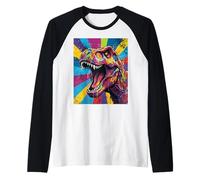 “Roaring T Rex” Colorful Pop Art Dinosaur Graphic Design Fun Camiseta Manga Raglan