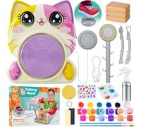 Roaxkois Rueda de alfarería eléctrica para niños - Juego de cerámica DIY con arcilla, colores, herramientas, delantal y pegatinas, mini rueda de alfarero a partir de 6 años, 2 niveles, diseño de gato