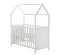 roba Cama Infantil Tipo Casita 60 x 120 cm, Somier Regulable en 6 Posiciones, 5 Barrotes Extraíbles, Madera con Certificación FSC, Cama para Bebé Desde el Nacimiento, Blanca