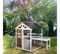 roba Casa de Juegos de jardín de Madera - Incluye Cocina de Juegos con fogones + Mesa de Picnic y Banco para niños - Casa de Juegos Impermeable con Puesto de Venta - Multicolor