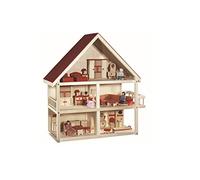 roba Casa de Muñecas de Madera con Balcón + 16 Piezas de Muebles en Miniatura y 4 Muñecas - Juguetes para Niños a partir de 3 Años - Natural / Rojo