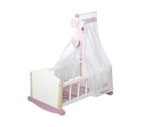 roba Cuna Completa de Muñecas Scarlett - Incluye Textil - Manta + Almohada + Dosel y Soporte - Rosa/Blanco