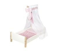 roba Cuna de Muñecas de Madera Scarlett - Incluye Textil Rosa - Manta + Almohada + Dosel - Blanco/Natural